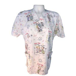 Dear God Kids Scrub Small White Raglan Sleeves 2 pockets V neck poly Cotton SNAG